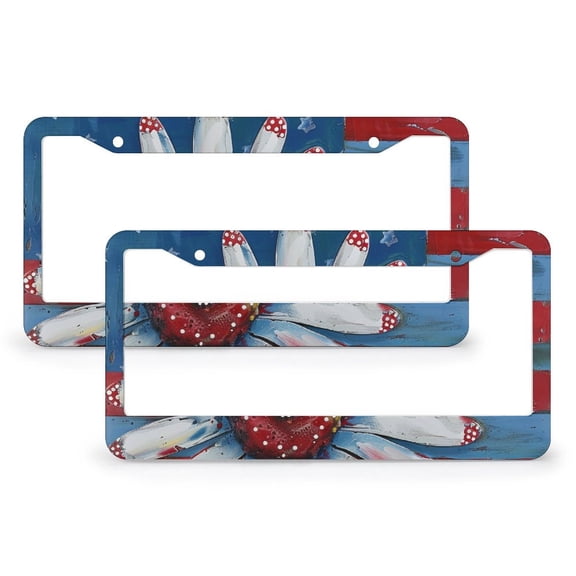 A Blue Red Stripes American Daisy License Plate Frames 2 Pcs Set Patriotic July 4th Customized Decor Car Tag Car Accessories US Canada Standard 2 Hole Quality Aluminum License Plate Frame