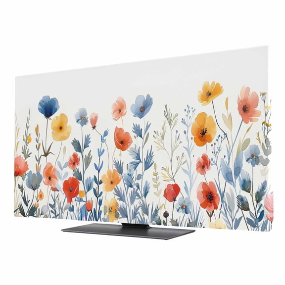 Blue Red TV Dust Cover 24 Inch, and Yellow Poppy Watercolor Floral Computer Monitor Cover Dustproof Stretchable Indoor TV Screen Protector for LED LCD Universal Monitors