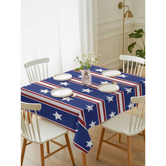 Blue Red Table Cloth 52x70 Inch Rectangle, Stripes Patirotic Star Independence Day Waterproof Tablecloth Washable Table Cover for 250th Anniversary Party Picnic Dinner Decor