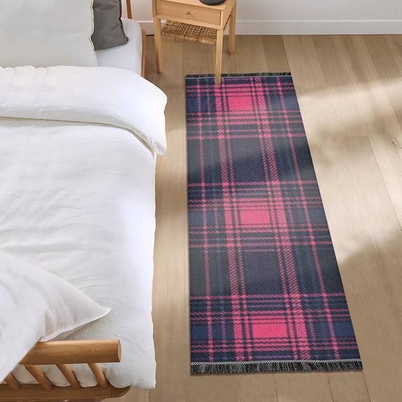 Blue Red Tartan Plaids Bedside Runner Rug 2'x 6' Non Slip Carpet Floor Mat Area Rug