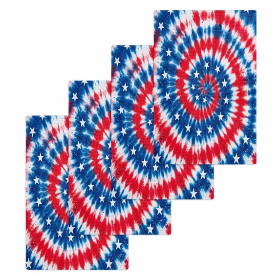 Blue Red Tie-dye Kitchen Dish Towels for Drying Dishes Set of 4, Vintage American Stars Abstract Art Waffle Weave Microfiber Hand Tea Bathroom Towels Quick Dry & Absorbent Towel 15.7x23.6