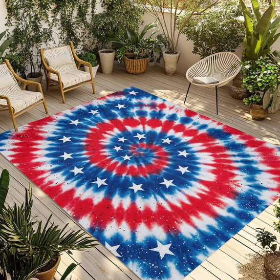 Blue Red Tie-dye Outdoor Rug for Patio/Deck/Porch, Non-Slip Large Area Rug 6 x 9 Ft, Vintage American Stars Abstract Art Indoor Outdoor Rugs Washable Area Rugs, Reversible Camping Rug Carpet Runner
