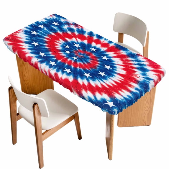 Blue Red Tie-dye Table Cloths for 5 Foot Rectangle Tables, Vintage American Stars Abstract Art Patio Waterproof Elastic Fitted Tablecloths, Washable Rectangular Table Cover for Camping