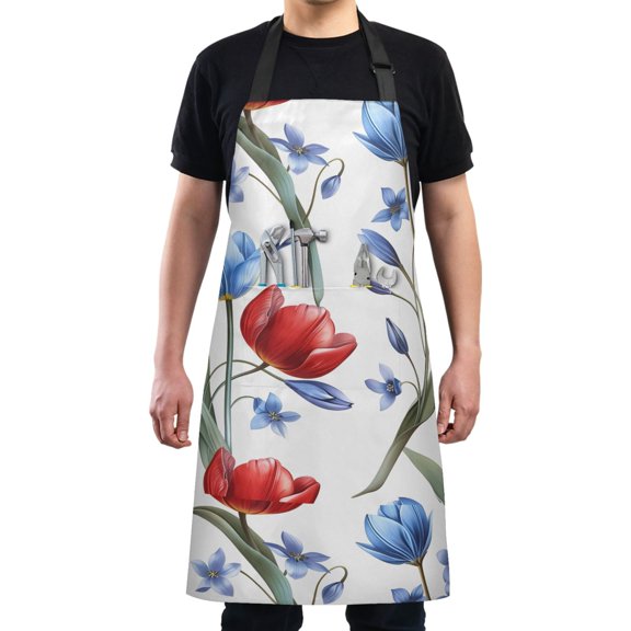 Blue Red Tulips Flowers Kitchen Apron with 2 Pockets Adjustable waterproof Cooking Aprons for Women Men Chef