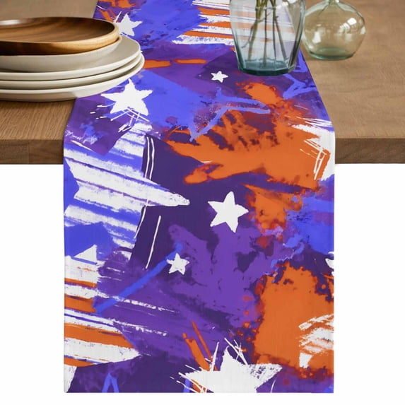 Blue Red USA Flag Table Runner 70 Inches, Abstract Moden Oil Painting 4th of July Bed Runner Dresser Scarves Tabletop for Indoor Outdoor Parties/Ceremony/Banquet, 13" x 70"