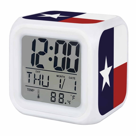 Blue Red White Texas Flag with Star Digital Alarm Clock for Bedrooms,Smart LED Alarm Clock with 7 Color Night Light,Minimalistic Geometric Stripe Silent Wake Up Clocks for Sleep Cooking 3.2"x3.2"