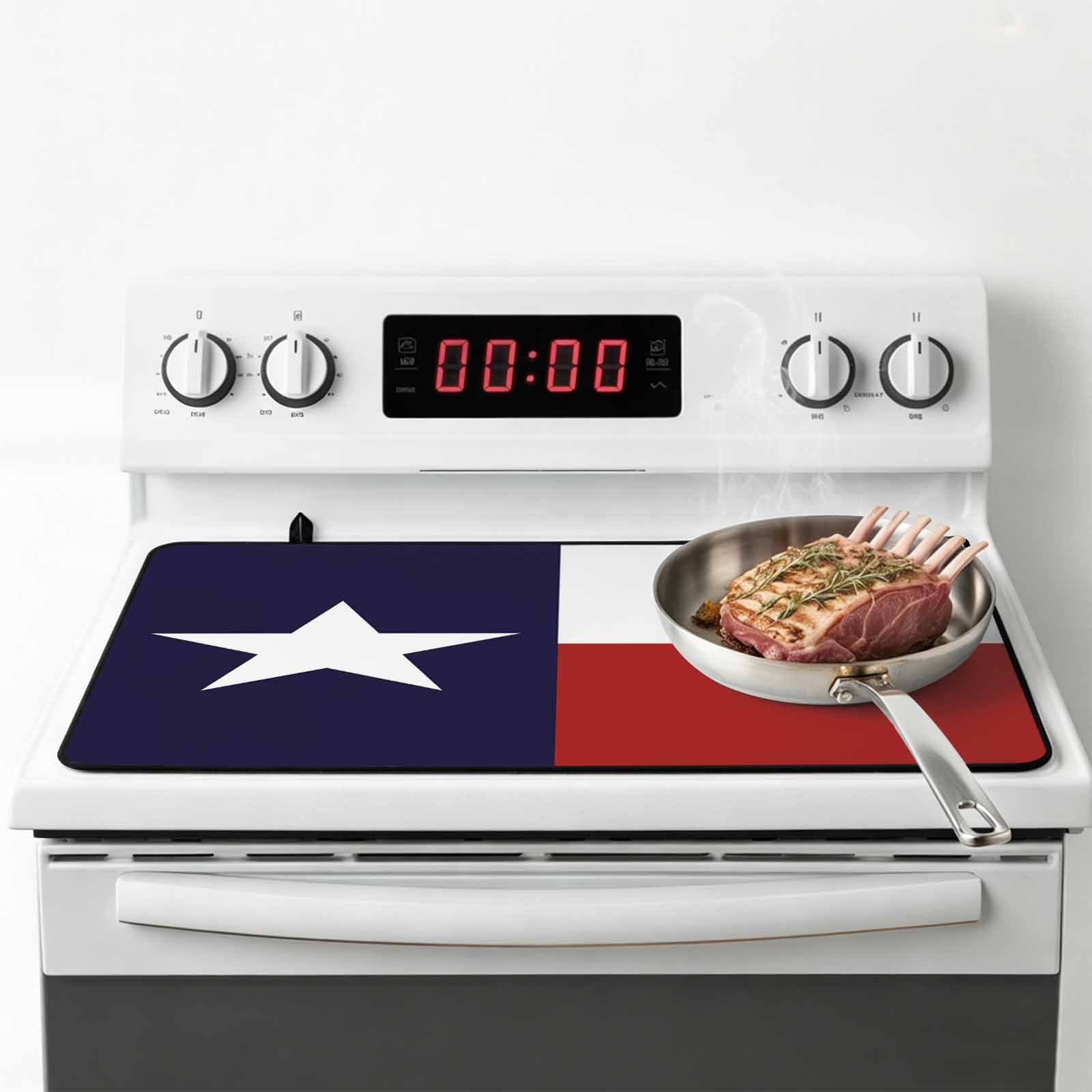 Blue Red White Texas Flag with Star,Stove Top Cover for Electric Stove,Heat-proof & Non Slip Glass Top Stove Cover Protector,Minimalistic Geometric Stripe Kitchen Flat Cooktop Rubber Mat 24x21 Inches