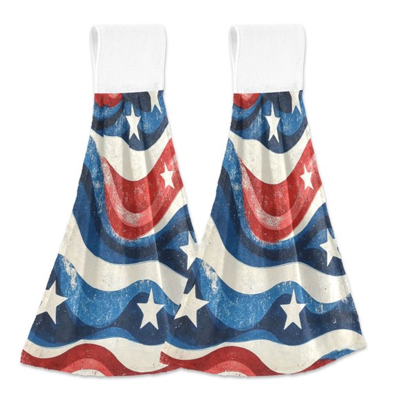 Blue Red White Waves with Stars Hanging Towels with Loop Hand Towels Nylon Fastener Tape Design Dish Cloths 2 Pieces