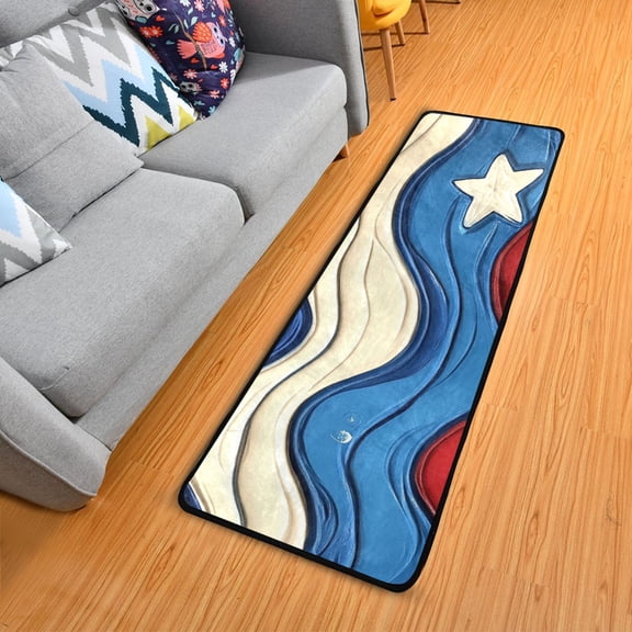 Blue Red White Wavy Stars Oil Painting Long Floor Mat Runner Rug Area Mat Noise Reduction Water Absorbent Non-Slip 72" x 24"