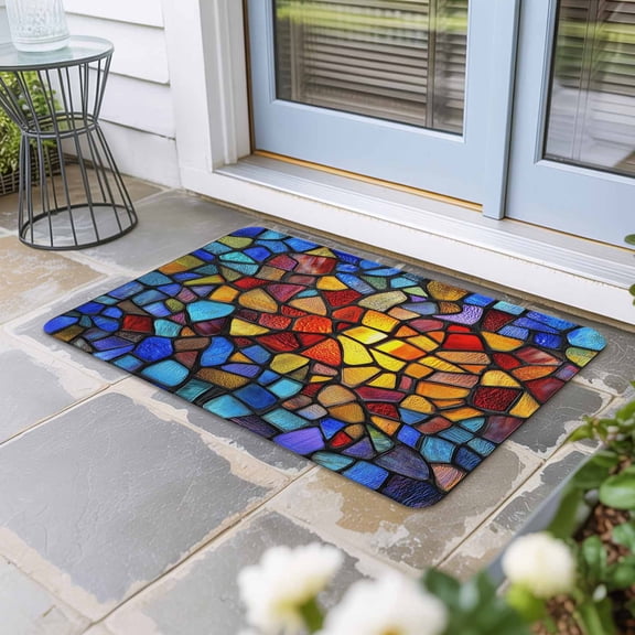 Blue Red Yellow Door Mat Indoor Outdoor, Modern Colored Rainbow Stained Glass Non Slip Welcome Mat with Rubber Backing, Absorbent Fabric Front Door Mats Entryway Rug for Home Patio Entrance 18"x30"