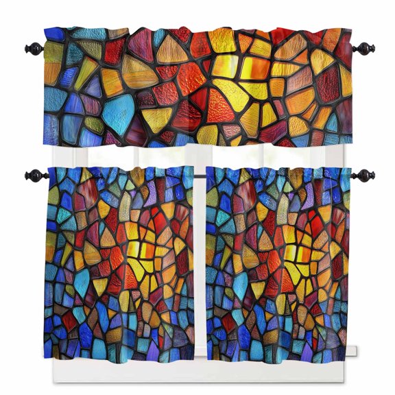 Blue Red Yellow Kitchen Curtains and Valances Set, 3 Piece Kitchen Curtains Set 36 Inch Length, Modern Colored Rainbow Stained Glass Rod Pocket Curtains Tier Farmhouse Window Curtains