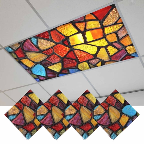 Blue Red Yellow Magnetic Fluorescent Light Covers for Ceiling Lights 2x4Ft, Modern Colored Rainbow Stained Glass Office Classroom Kitchen Drop Ceiling Light Covers Filters Shade Panel 4 Packs