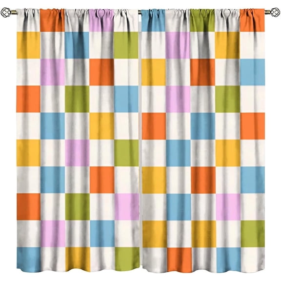 Blue Red Yellow Orange Buffalo Check Plaid Curtains, Rustic Farmhouse Print for Room Window Decor, Rod Pocket Drapes for Living Room Bedroom Kitchen-53"W x 84"L (Pack of 2)