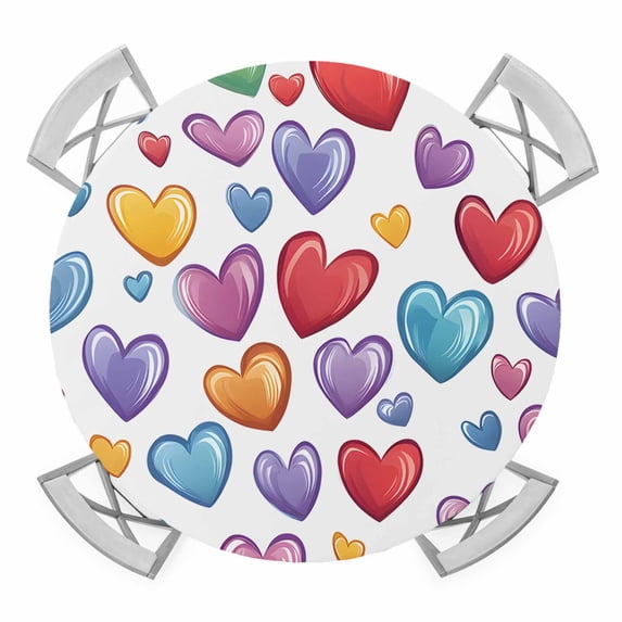 Blue Red Yellow Purple Heart Elastic Fitted Round Table Cover Sweet Love Waterproof Outdoor Tablecloth for Holiday Party, Picnic, Patio & Dining Fits Tables Up to 36"-44"