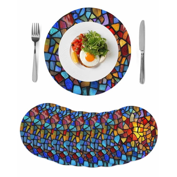 Blue Red Yellow Round 13 Inch Placemats Set of 8, Modern Colored Rainbow Stained Glass HeatResistant Non Slip Place Mats for Dining Table, Wipeable Braided Kitchen Table Mats for Housewarming