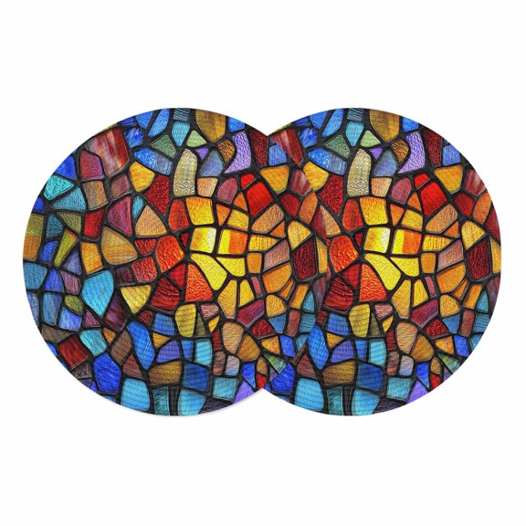 Blue Red Yellow Round Placemats Set of 2, Braided Polypropylene Place Mats, Modern Colored Rainbow Stained Glass Washable Table Mats for Kitchen Dinner Holiday Wedding Party Coffee Table Decor 15"