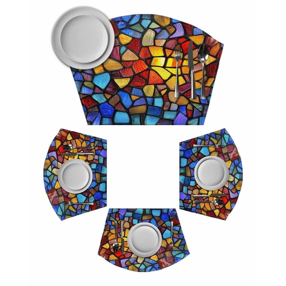 Blue Red Yellow Round Table Placemats Set of 2 Wedge Placemats, Modern Colored Rainbow Stained Glass Place Mats for Dining Table Set Washable Mats Kitchen Decor for Indoor Outdoor Wipe Clean