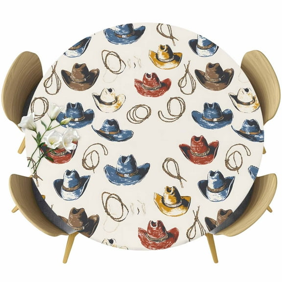Blue Red Yellow Round Tablecloth 55-60 Inch Round Fitted Table Cloth with Elastic Edge, Watercolor Western Cowboy Waterproof Table Cover Protector for Outdoor Picnic Party Dining