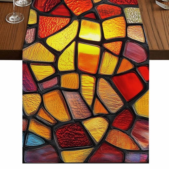 Blue Red Yellow Short Table Runner 36 Inches Long,Modern Colored Rainbow Stained Glass Cotton Linen Table Runners Dresser Scarves,Tabletop Scarf Furniture Cover for Home Dinner Party Decor 13"x36"