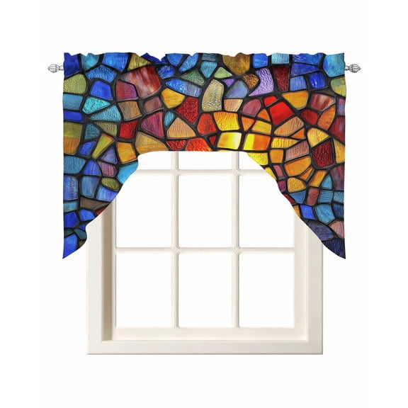 Blue Red Yellow Swag Curtains for Kitchen Modern Colored Rainbow Stained Glass Valances for Windows Rod Pocket Small Window Treatment Short Topper for Cafe Bedroom Bathroom Decor 56x36 Inch