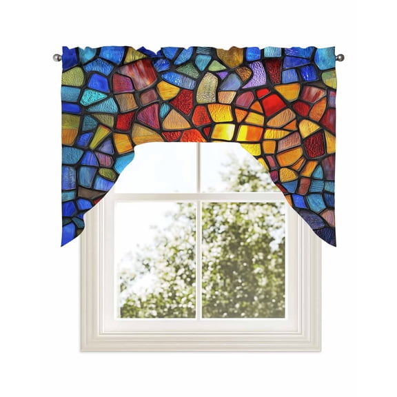 Blue Red Yellow Swag Valance for Windows 56'' x 36'', Modern Colored Rainbow Stained Glass Light Filtering Kitchen Curtains Valances for Bathroom/Living Room/Bedroom/Café, Rod Pocket Curtain Panel