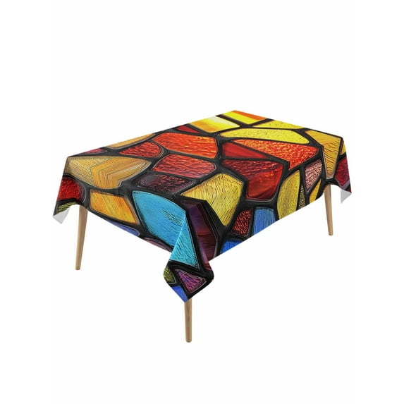 Blue Red Yellow Table Cloth, Modern Colored Rainbow Stained Glass Waterproof Tablecloth for Rectangle Tables, Reusable Washable Fabric Table Cover for Restaurant Kitchen Dining Tables 60"x120"