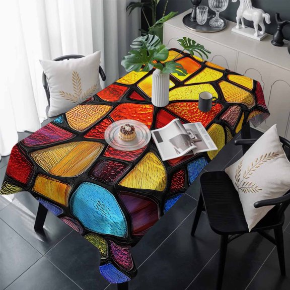 Blue Red Yellow Table Cloth Waterproof Tablecloths, Modern Colored Rainbow Stained Glass Tablecloth Dining Table Cover for Kitchen Party Tabletop Outdoor, Rectangle Tablecloth 54x108 Inch