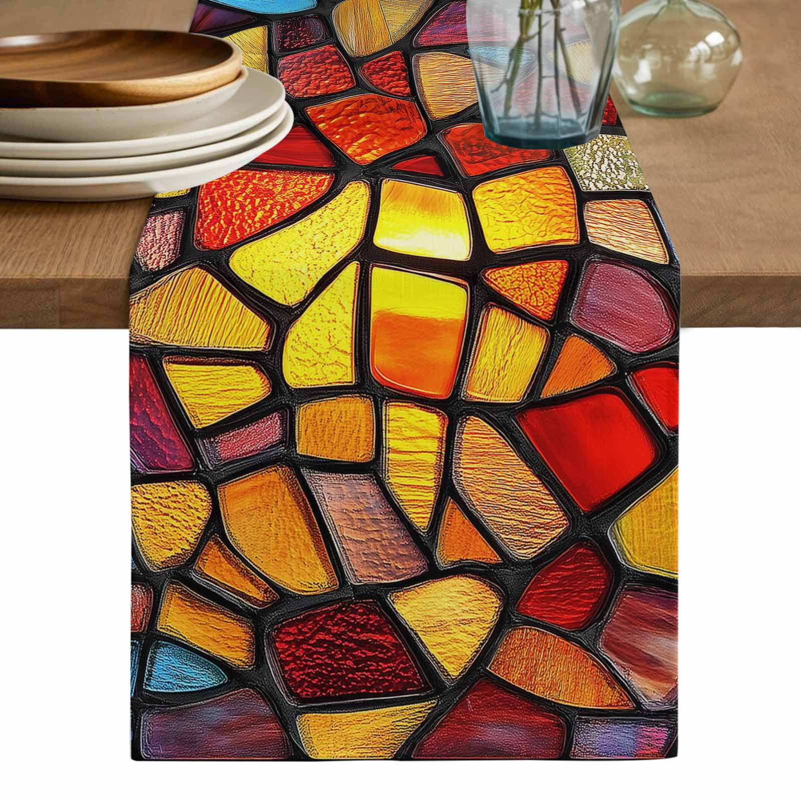 Blue Red Yellow Table Runner, Modern Colored Rainbow Stained Glass ...