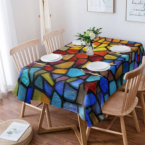 Blue Red Yellow Tablecloth Rectangle Table Cloth 52x70 , Waterproof Tablecloth Outdoor Table Cloth, Modern Colored Rainbow Stained Glass Washable Table Cover for Kitchen Dining Party