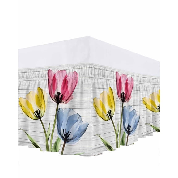 Blue Red Yellow Tulips Bed Skirt King Size 16" Drop Country Flowers Wood Grain Ruffled Wrap Around Bed Skirts Adjustable Elastic Bedskirt Dust Ruffle for King Size Bed