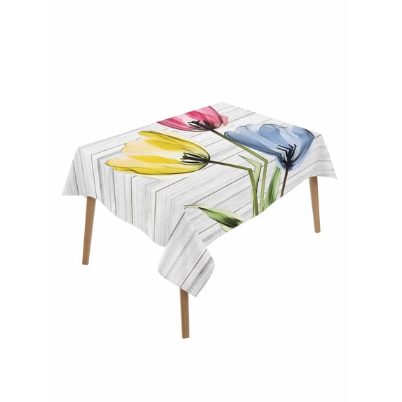 Blue Red Yellow Tulips Table Cloth 60x102 Inch Rectangle, Country Flowers Wood Grain Waterproof Tablecloth Washable Table Cover for Party Picnic Dinner Decor