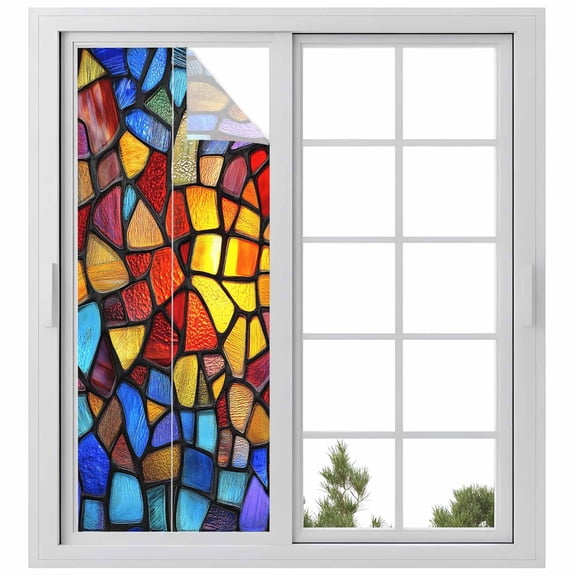 Blue Red Yellow Window Privacy Film, Modern Colored Rainbow Stained Glass Static Cling UV Sun Blocking Heat Control Window Tint Day and Night, Non-Adhesive One Way Windows Privacy Cover 29.5''x78.7''