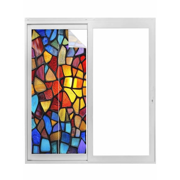 Blue Red Yellow Window Privacy Film, Modern Colored Rainbow Stained Glass Static Cling UV Sun Blocking Tint Film Heat Control Windows Films for Bedroom Bathroom, Window Stickers 17.7"x39.3"
