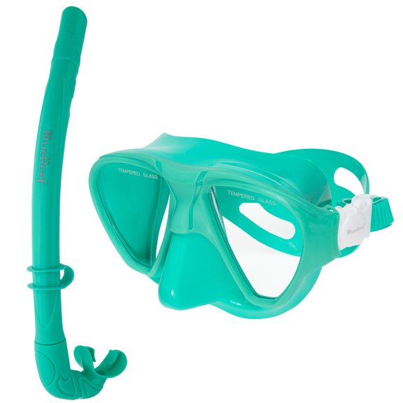 Blue Reef Static Mask & Snorkel Package for Freediving, Spearfishing, Scuba Diving, Snorkeling, Soft Comfortable Silicon Skirt, Tempered Glass, Green