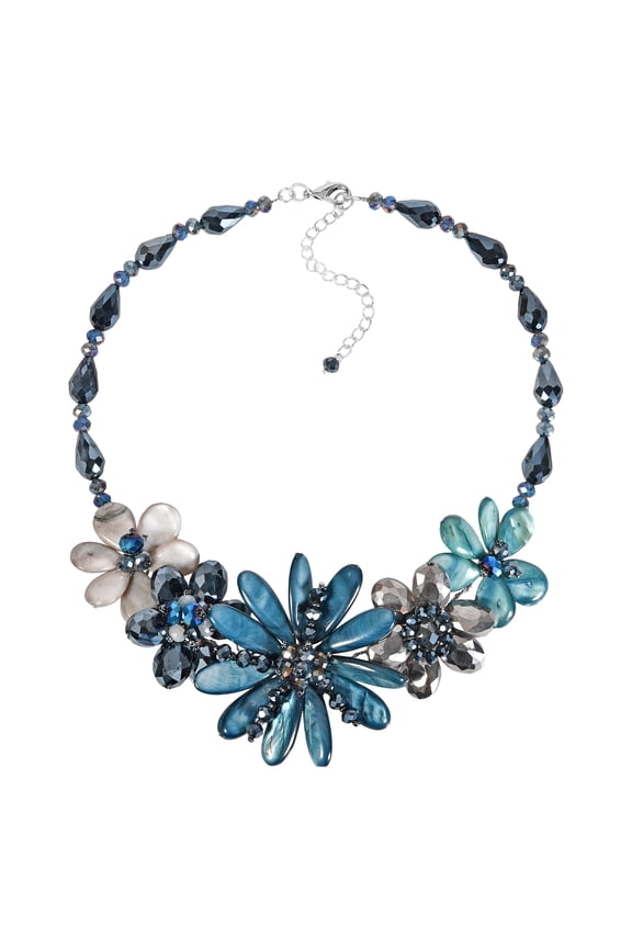 Blue Reflections Mixed Stone, Seashells and Crystal Floral Necklace