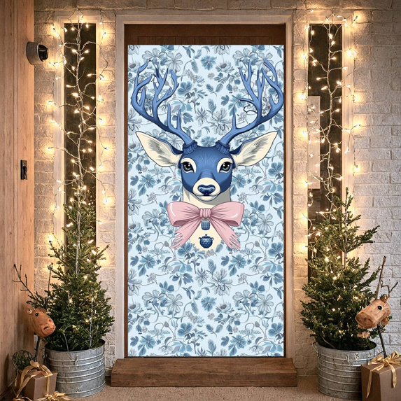 Blue Reindeer Door Cover Christmas Decoration, 36x71 Inch Winter Holiday Deer Banner with Pink Bow and Floral Background, Xmas Front Door Wall Decor for Home Party