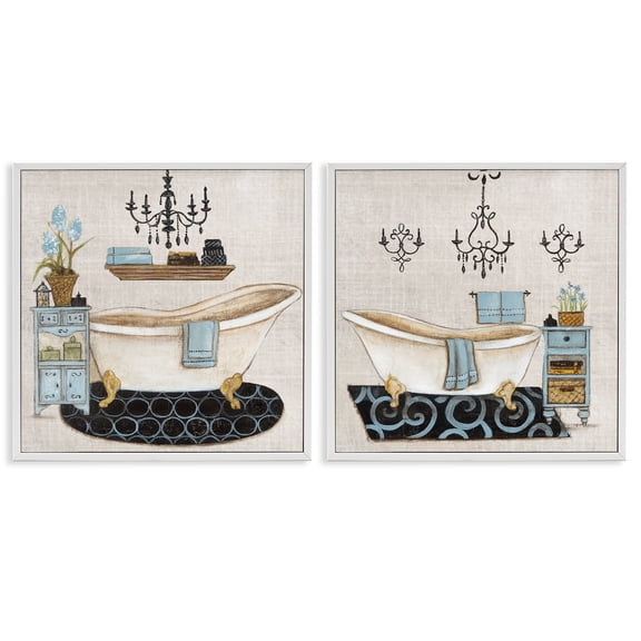 Stupell Industries Blue Relaxation Bathroom 2 Piece White Framed Giclee Art Set, design by Janet Tava, 17 x 17