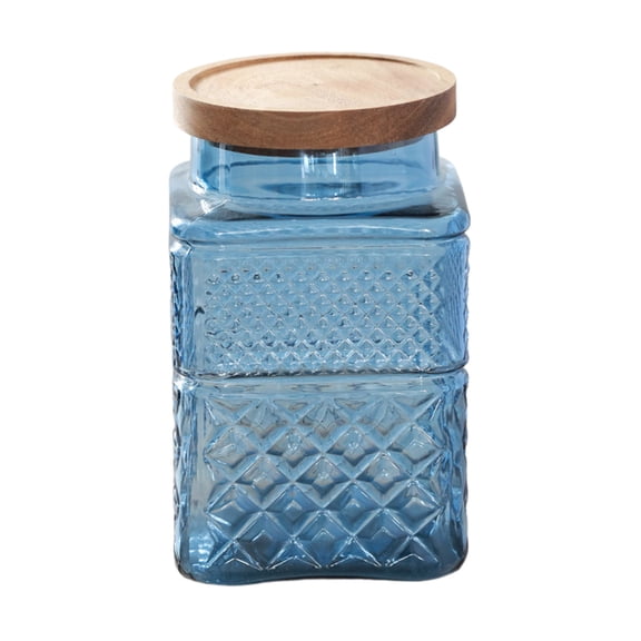 Blue Relief Pattern Colored Glass Square Storage Jar With Airtight Lid Blue For Kitchen Household Dry Goods Snacks Tea Coffee Organization 6 Inch