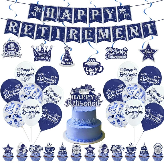 Blue Retirement Party Supplies Decorations Kit, Retirement Party Banner Flag Set with Paper Flower Ball Backdrop, Happy Retirement New Beginnings The Legend Theme Party Decor,A