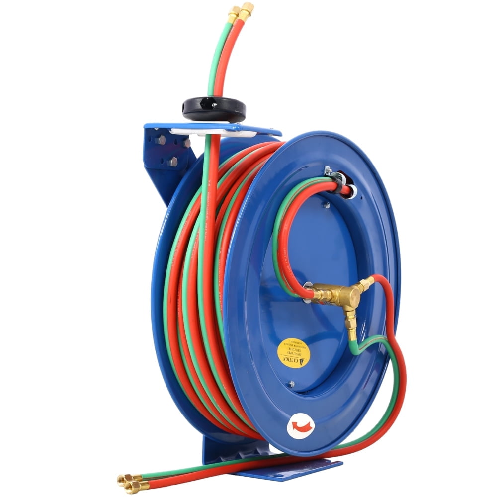 Blue Retractable Welding Hose Reel 1/4 Inch x 100 Ft Twin Oxygen Acetylene Rubber Hoses 200PSI Heavy‑Duty Industrial Single Arm Construction