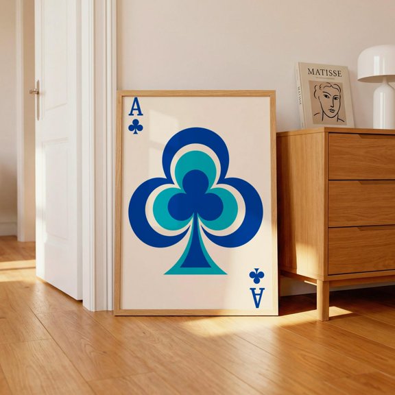 Blue Retro Ace Of Clubs Wall Art Retro Playing Card Casino Inspired Wall Art Blue Home Decor, Unframed Paper Print