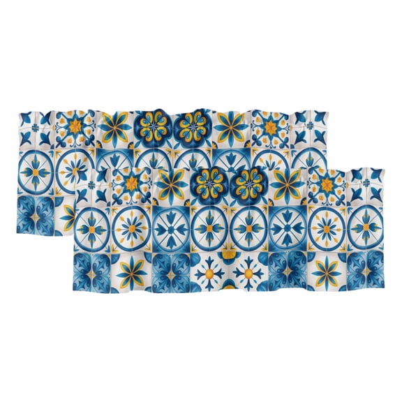 Blue Retro Boho 2 Panels Kitchen Valance, Geometric Floral Traditional Spanish Style Curtains Valances for Small Windows Rod Pocket Window Treatments for Living Room Bedroom 42"W x 12"L
