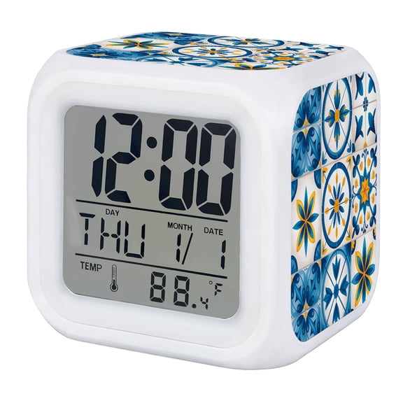 Blue Retro Boho Alarm Clock, Geometric Floral Traditional Spanish Style Digital Clock Night Light with 7 Color, Calendar Temperature Display, LED Desk Small Clock for Bedrooms Bedside Living Room