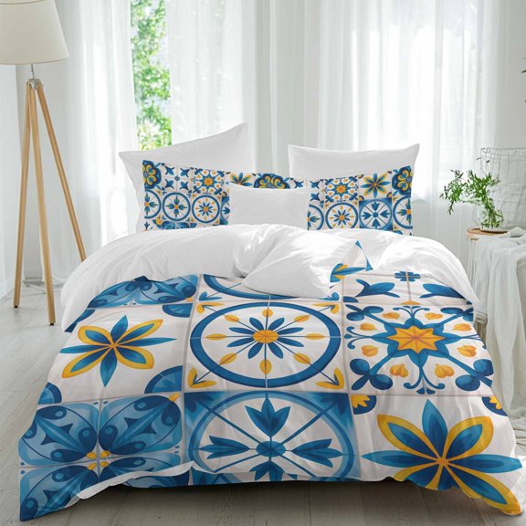 Blue Retro Boho Comforter Set Full Size, Geometric Floral Traditional Spanish Style Soft Bedding Set for Man Woman, 4 Pieces Duvet Cover Set with Fitted Sheet, 2 Pillowcases