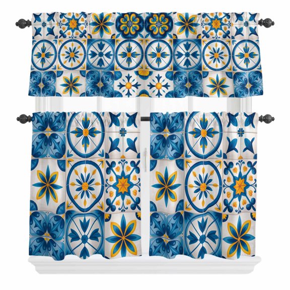 Blue Retro Boho Curtain Valances Set Geometric Floral Traditional Spanish Style Kitchen Curtains 36 inch Length Rod Pocket Valance and Tiers 3 Piece Set Small Bedroom Bathroom Laundry Decor