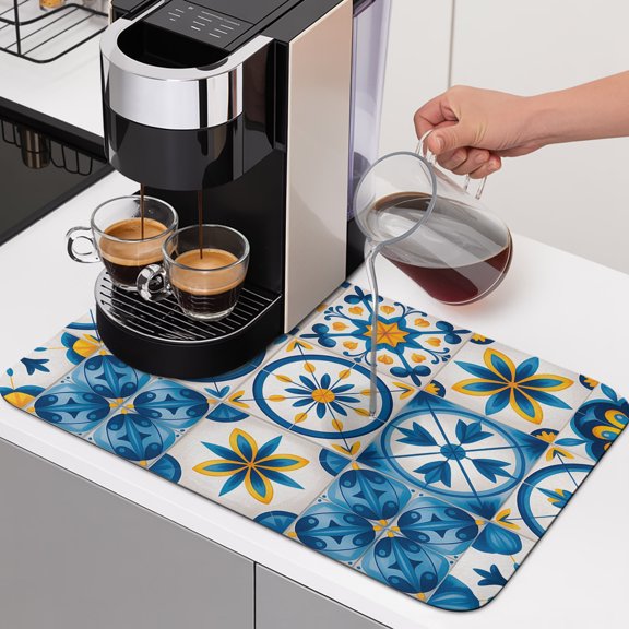 Blue Retro Boho Dish Drying Mats for Kitchen Counter, Geometric Floral Traditional Spanish Style Absorbent Coffee Bar Mat with Non-slip Rubber Backed Quick Drying Dish Rack Pad 16"x18"