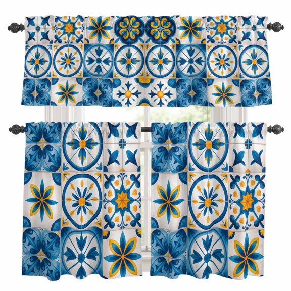Blue Retro Boho Kitchen Curtains Valances 3 Piece Set, Geometric Floral Traditional Spanish Style Rod Pocket Tier Curtain and Valance Drapes for Small Window 24 Inch Length for Bedroom Cafe