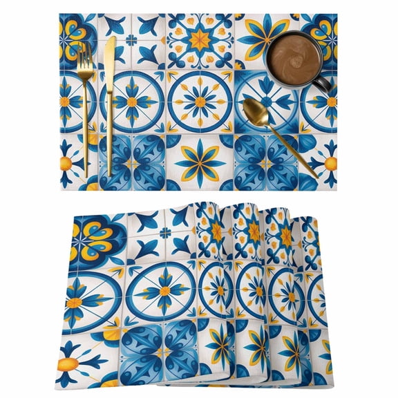 Blue Retro Boho Placemats Set of 1, Geometric Floral Traditional Spanish Style Non-Slip Place Mats Washable Table Mats for Kitchen Dining Table Decorations Indoor/Outdoor