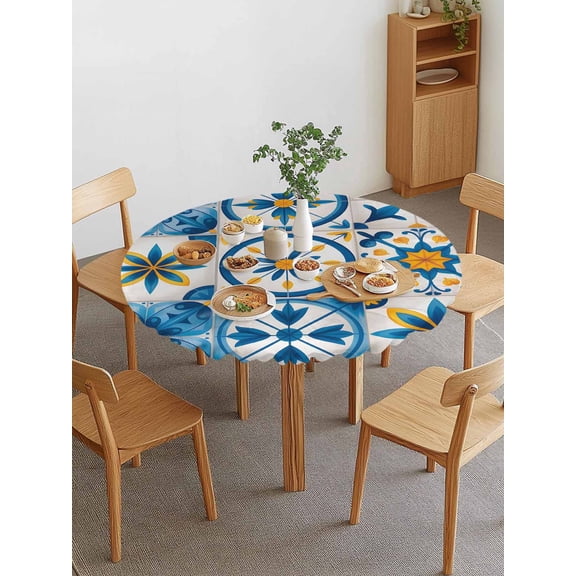 Blue Retro Boho Round Fitted Tablecloth with Elastic Edge, Geometric Floral Traditional Spanish Style Waterproof Stretch Table Covers for 55"-60" Tables Wipeable Table Cloth for Outdoor