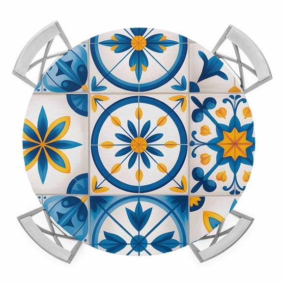 Blue Retro Boho Round Table Cover, Geometric Floral Traditional Spanish Style Waterproof Fitted Tablecloths for 55"-60" Tables, Washable Picnic Table Cover for Camping Dining Indoor Outdoor